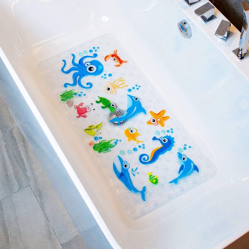BeeHomee Cartoon Non Slip Bathtub Mat for Kids - 34x15 Inch XL Large Size Anti Slip Shower Mats for for Toddlers Children Baby Floor Tub Mats (Blue Ocean) - Image 1